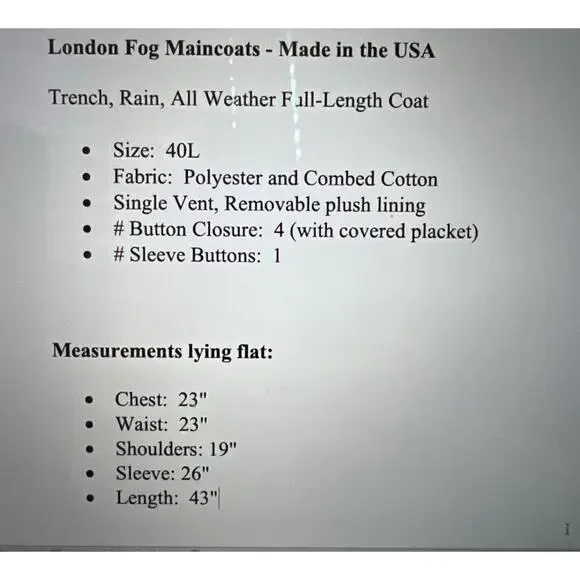 Vintage London Fog Mens 40L Khaki Tan Full Length Trench All Weather Rain Coat - Picture 15 of 15